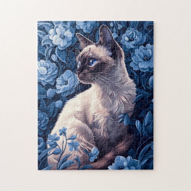 Puzzle Chat siamois en Fleurs Bleues (Vertical)