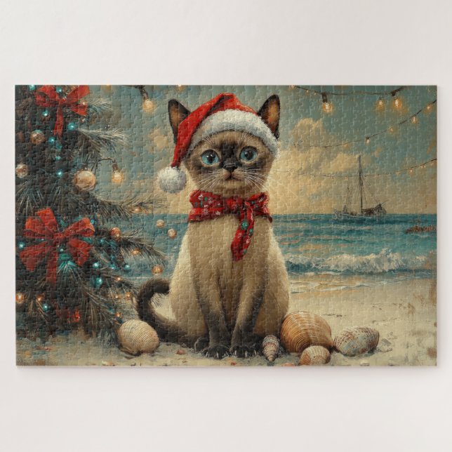 Puzzle Chat siamois Noël Vintage Plage  (Horizontal)