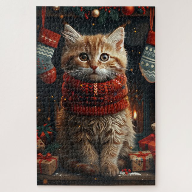 Puzzle Chat Sibérien avec cheminée de cadeaux de Noël  (Vertical)