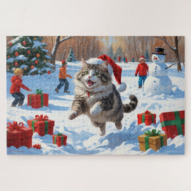 Puzzle Chat Sibérien Courant dans la Neige avec un Chapea (Horizontal)