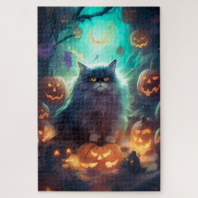 Puzzle Chat Sibérien Halloween Avec Des Citrouilles Effra (Vertical)