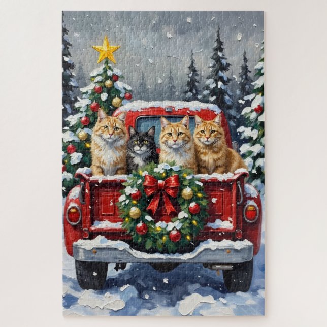 Puzzle Chat Sibérien Noël Camion Rouge Fêtes (Vertical)
