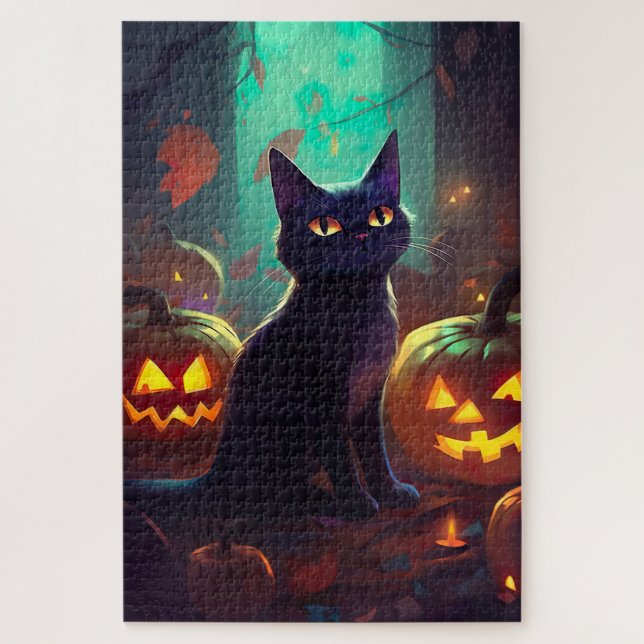 Puzzle Chat Smoking Tuxedo d'Halloween avec des Citrouill (Vertical)