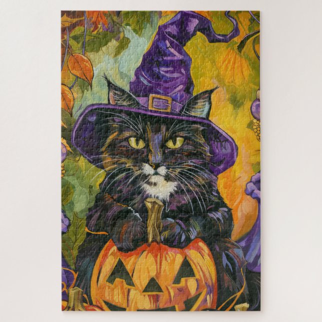 Puzzle Chat Smoking Tuxedo Halloween Sorcière et Citrouil (Vertical)