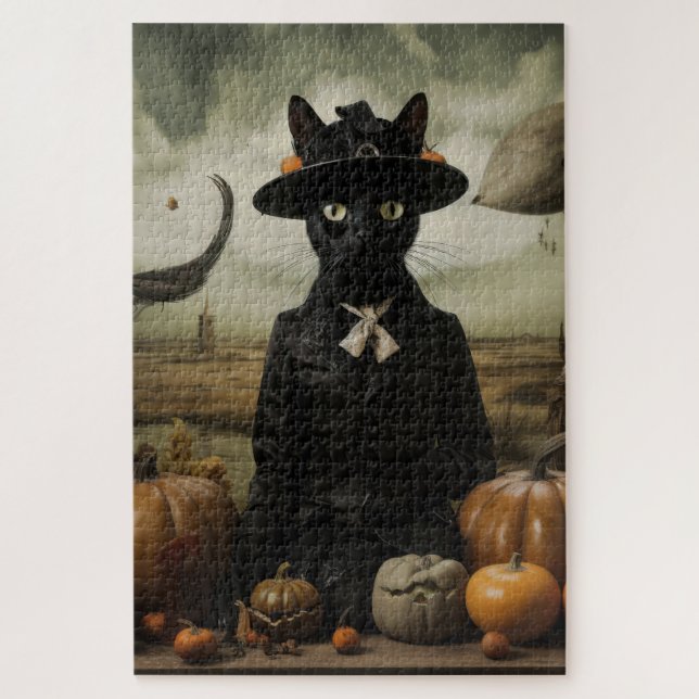 Puzzle Chat sorcière avec citrouilles  (Vertical)
