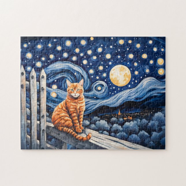 Puzzle Chat sous aquarelle de nuit étoilée (Horizontal)