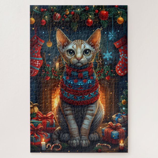 Puzzle Chat Sphynx avec des cadeaux de Noël Cheminée (Vertical)