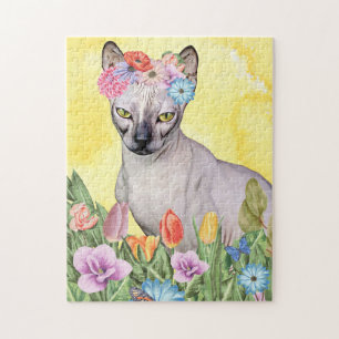 Puzzle Chat Sphynx avec ressort Fleurs