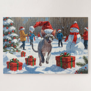 Puzzle Chat Sphynx courant dans la neige avec un chapeau 