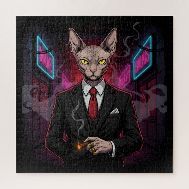 Puzzle Chat Sphynx Mafia dans un style néon noir (Vertical)