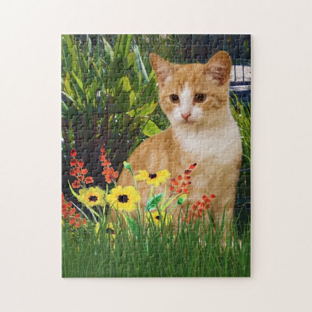 Puzzle Chat Tabby Orange en Flower Garden Amoureux des an (Vertical)