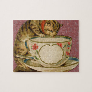 Puzzle Chat Tasse à Thé Mignon Vintage Victorien Animal C