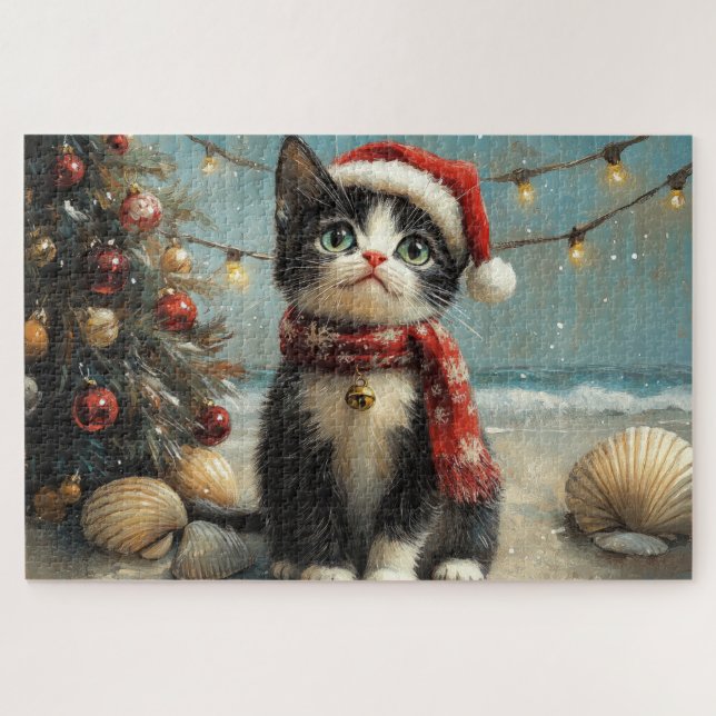 Puzzle Chat Tuxedo Noël Vintage Plage (Horizontal)