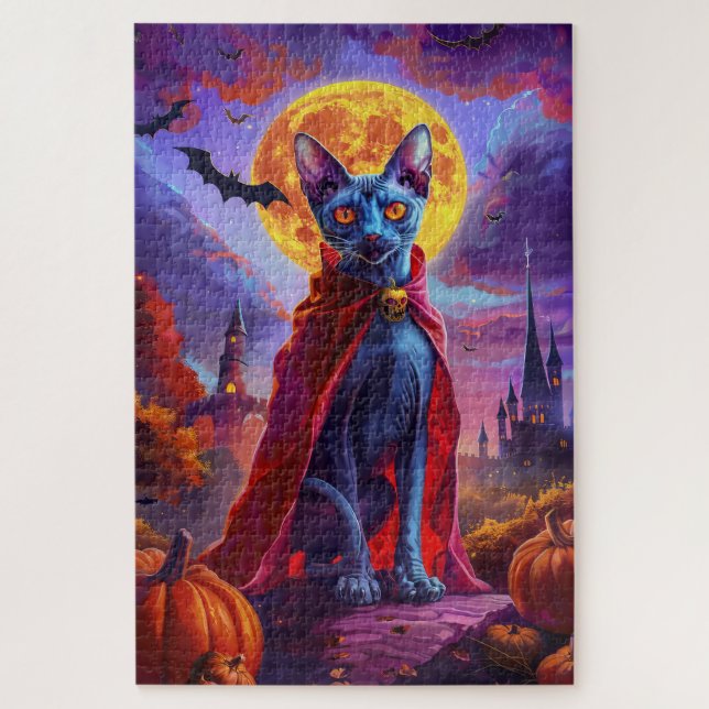 Puzzle Chat Vampire Citrouilles Épouvantable Halloween Or (Vertical)
