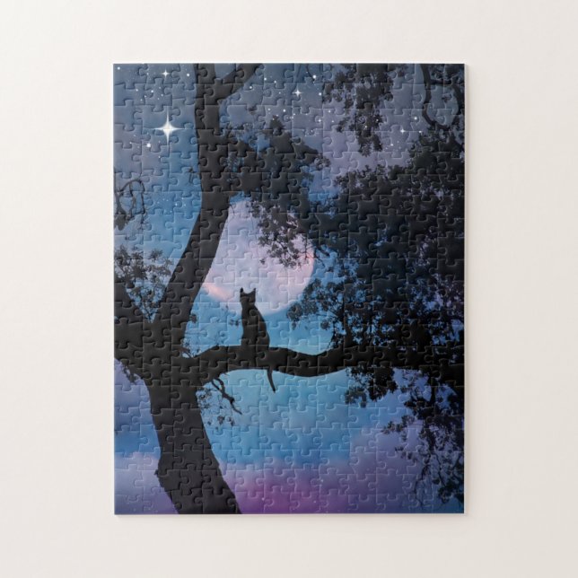 Puzzle Chat Whimsical dans l'arbre et la lune (Vertical)