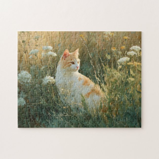 Puzzle Chat Whimsical dans un champ Fleur sauvage (Horizontal)