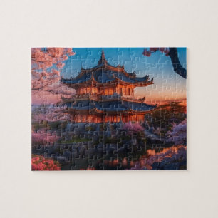 Puzzle Château asiatique du coucher de soleil sur le jard