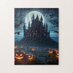 Puzzle Château sombre, médiéval, chauves-souris & citroui