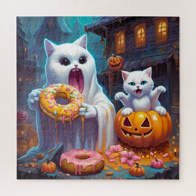 Puzzle Chaton blanc et fantôme mangent des beignets d'Hal (Vertical)
