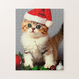 Puzzle Chaton de Noël Vintage à Santa Hat