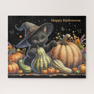 Puzzle Chaton de sorcière noire Halloween W/ Gourds Citro