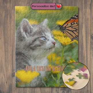 Puzzle Chaton Gris Blanc Papillon Monarque
