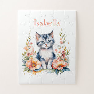 Puzzle Chaton gris personnalisé dans des fleurs roses