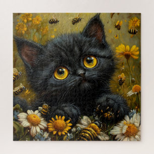 Puzzle Chaton noir adorable parmi les fleurs