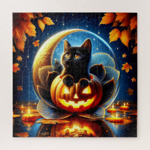 Puzzle Chaton noir, feuillage d'automne, lune et Citrouil