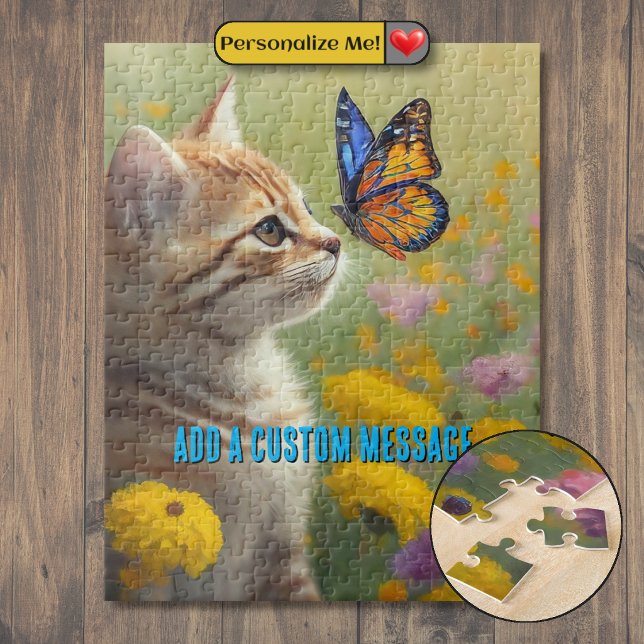 Puzzle Chaton orange blanc Papillon coloré (Orange White Kitten Colorful Butterfly Jigsaw Puzzle)