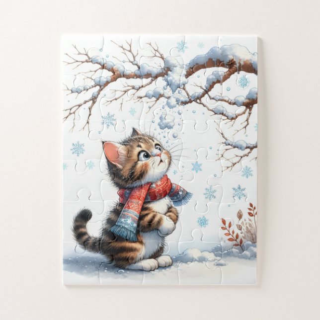 Puzzle Chaton regardant la neige tomber d'une branche (Vertical)