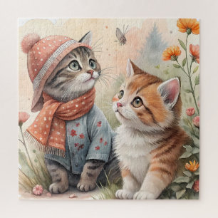 Puzzle Chatons aquarelles fantaisistes dans un jardin d'a