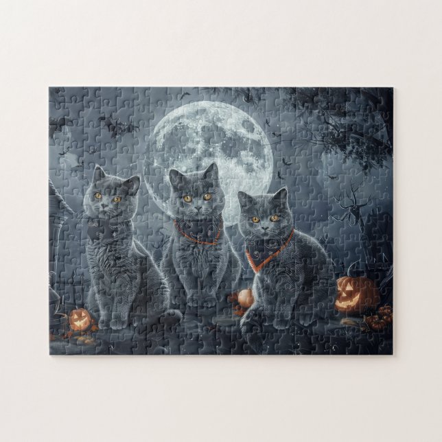 Puzzle Chats Bleus Russes Halloween Effrayant (Horizontal)