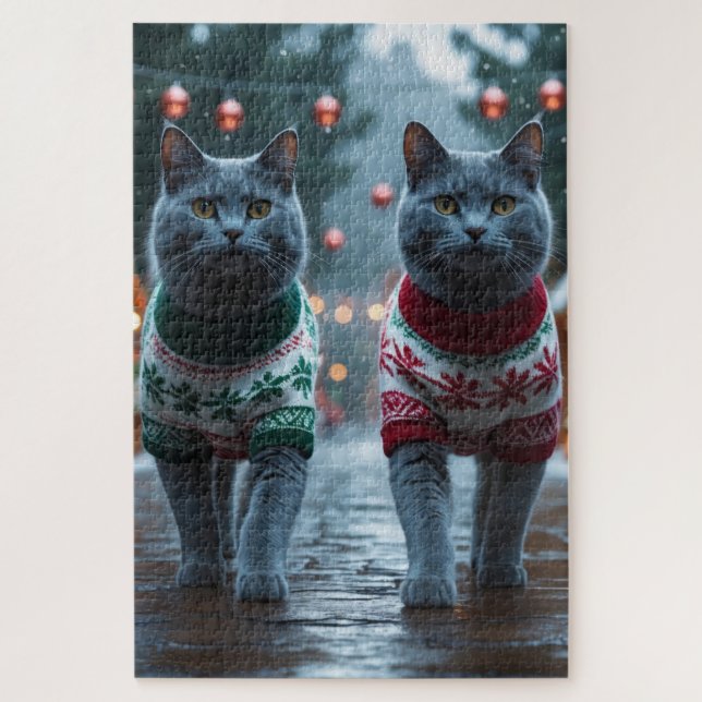 Puzzle Chats Bleus Russes Noël Neige Fêtes  (Vertical)