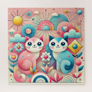 Puzzle Chats de dessin animé mignons dans un décor nature