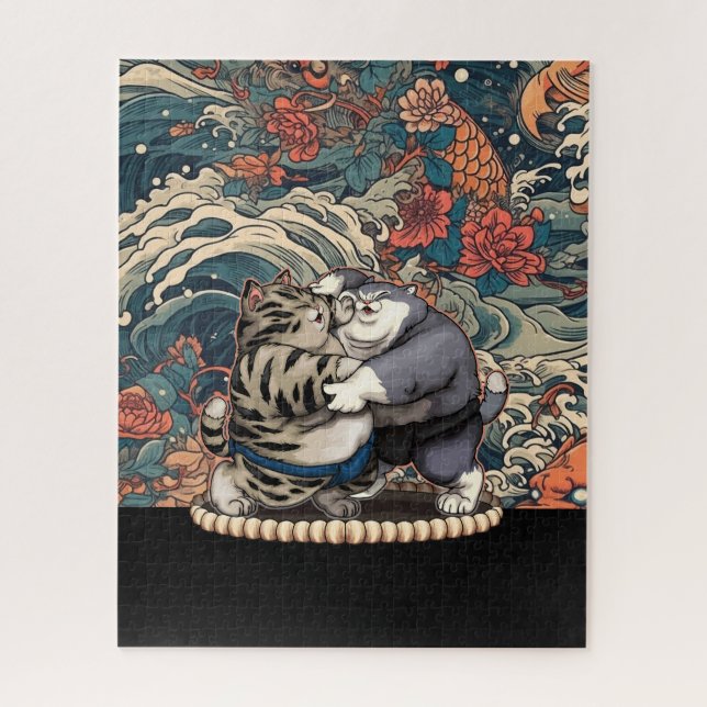Puzzle Chats de Sumo avec Arrière - plan d'art japonais (Vertical)