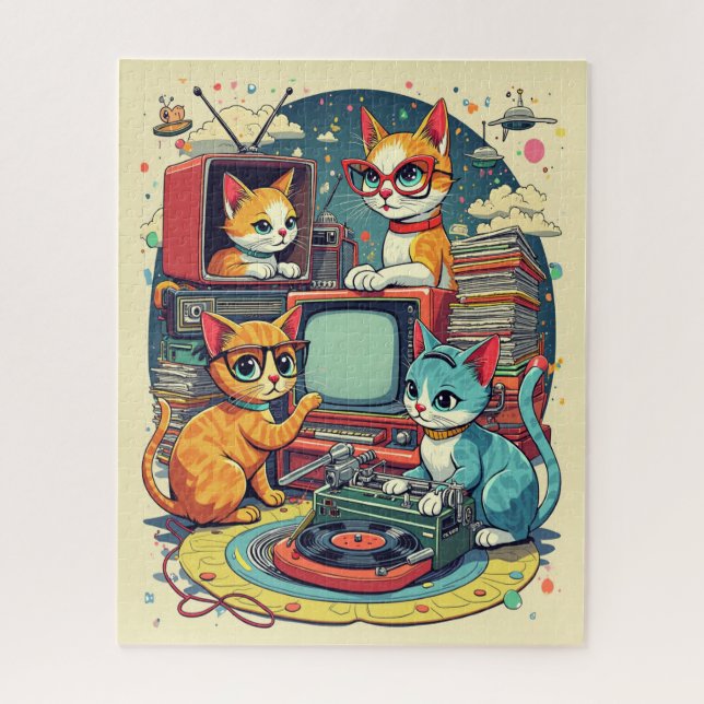 Puzzle Chats du milieu du siècle avec disques rétro et TV (Vertical)