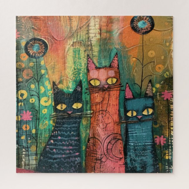 Puzzle Chats en aquarelle Boho - Earthy Feline Art (Vertical)