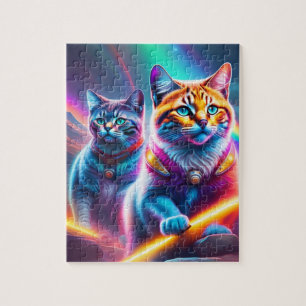 Puzzle Chats Néon Avec Lasers Couleurs Arc-en-Ciel Chats