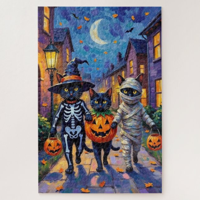 Puzzle Chats noirs demandant des friandises en costumes d (Vertical)