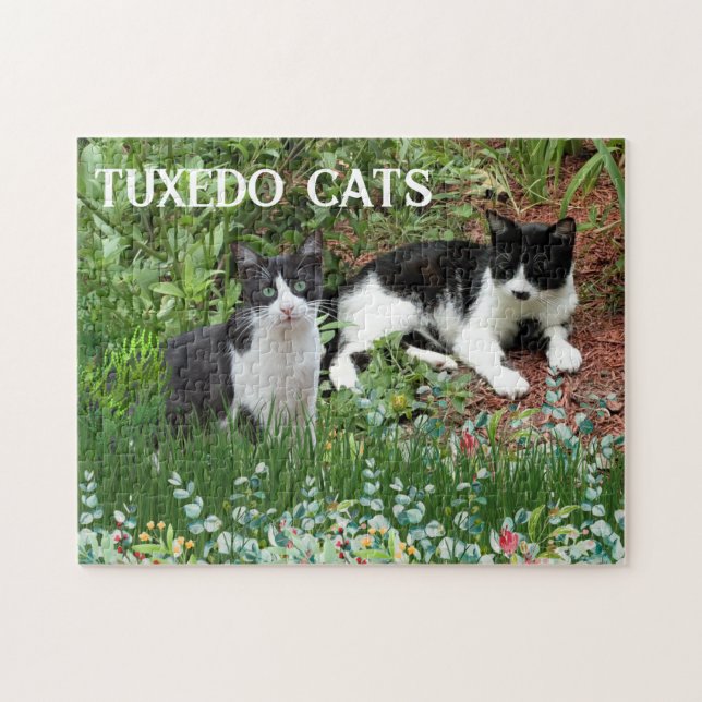 Puzzle Chats noirs et blancs dans un jardin fleuri  (Horizontal)
