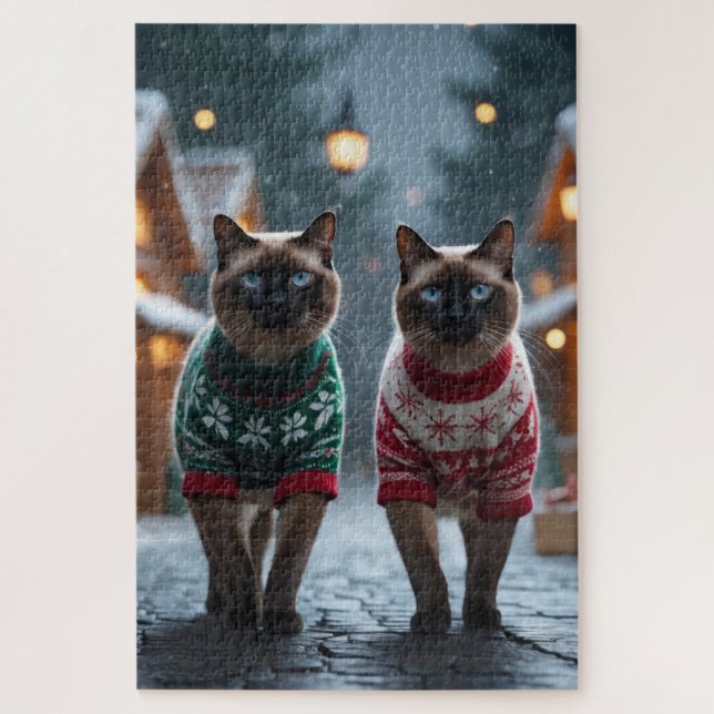 Puzzle Chats siamois Noël Neige Fêtes (Vertical)