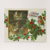 Chats vintages de 1911 avec oiseaux Joyeux Noël