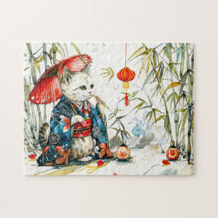 Puzzle Chatte Geisha Blanche avec un Parapluie Rouge dans