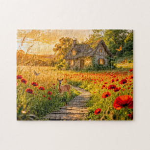 Puzzle Chaumière dans un champ de coquelicots avec un che