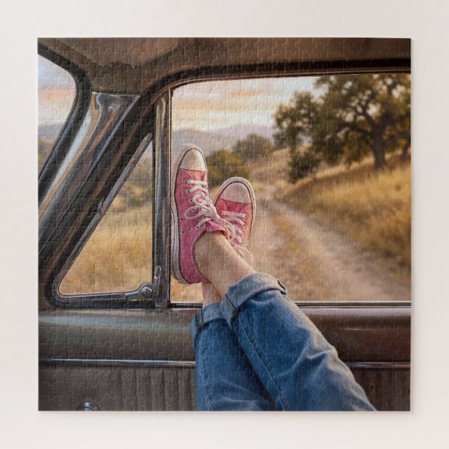 Puzzle Chaussures roses dans une fenêtre de voiture rétro (Vertical)