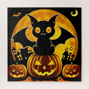 Puzzle Chauve-souris de dessin animé et citrouilles sous 