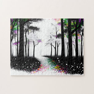 Puzzle Chemin forestier noir et blanc et Abstrait coloré