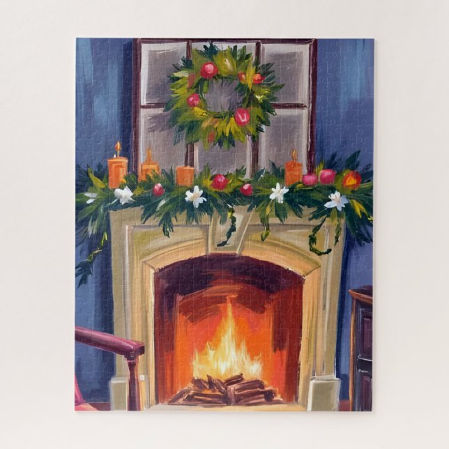 Puzzle Cheminée festive Couronne de Noël Aquarelle (Vertical)