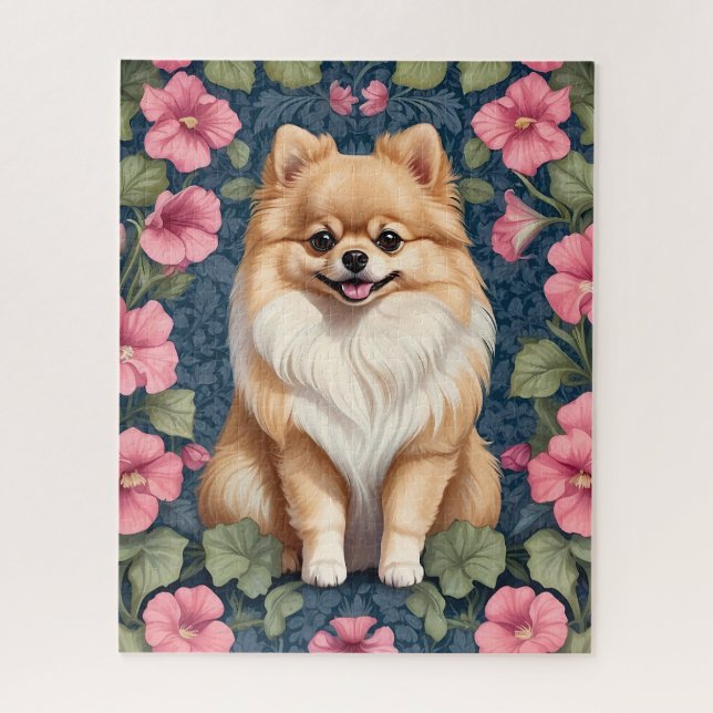 Puzzle Cher Chien Poméranien Avec Pétunias Rose (Vertical)